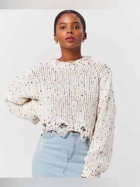 POL Oversized Cream Speckled Distressed Knit Sweater